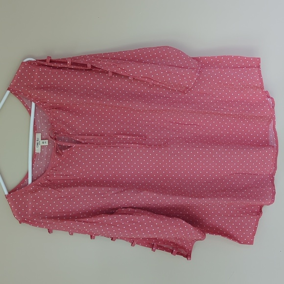 NWT Como Blu Polka Dot Caged Sleeve Semi-Sheer Peasant Top OX Coral - Picture 1 of 16
